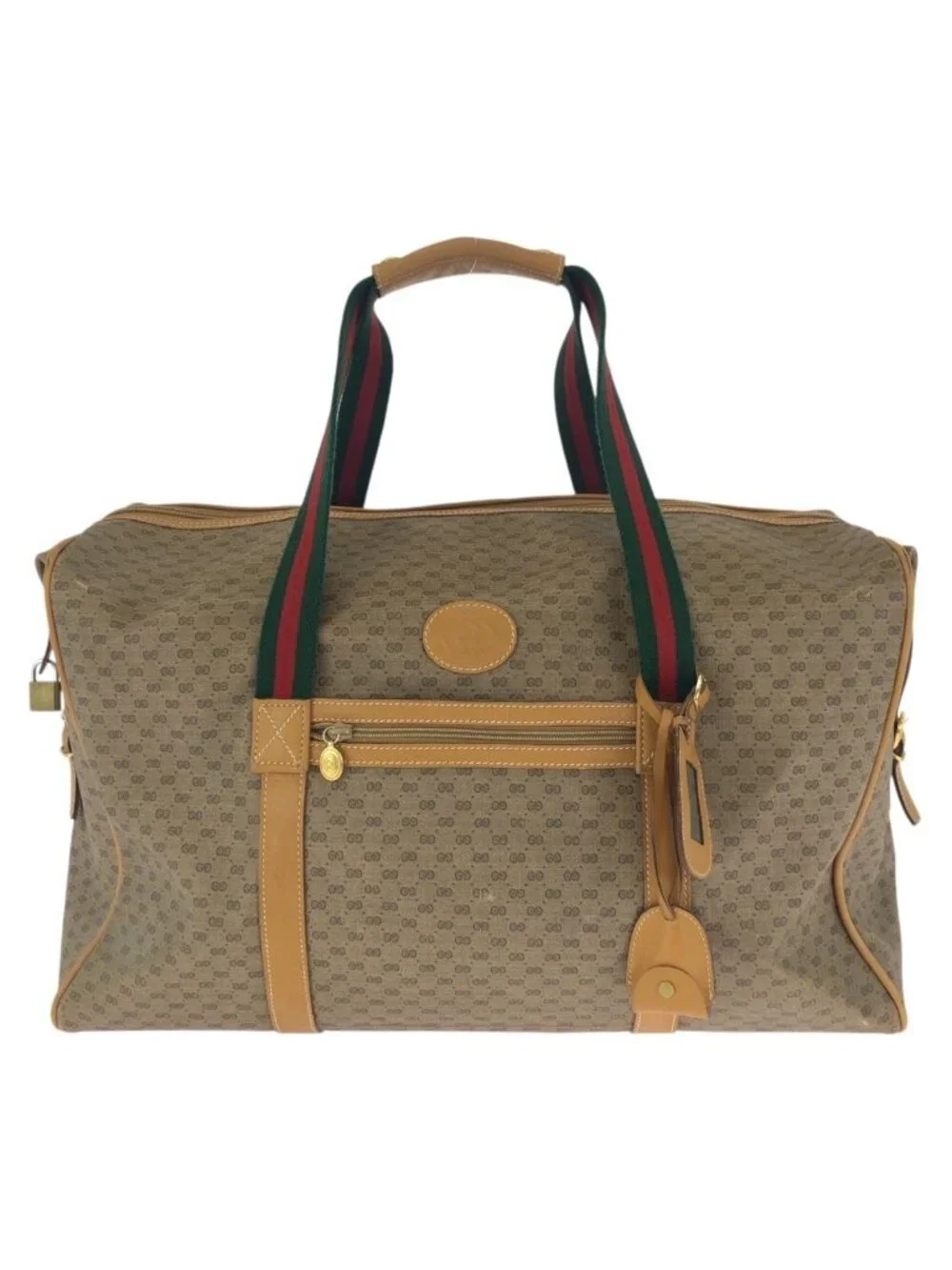 Gucci Vintage Sherry Line Micro GG Beige Gold Leather Boston